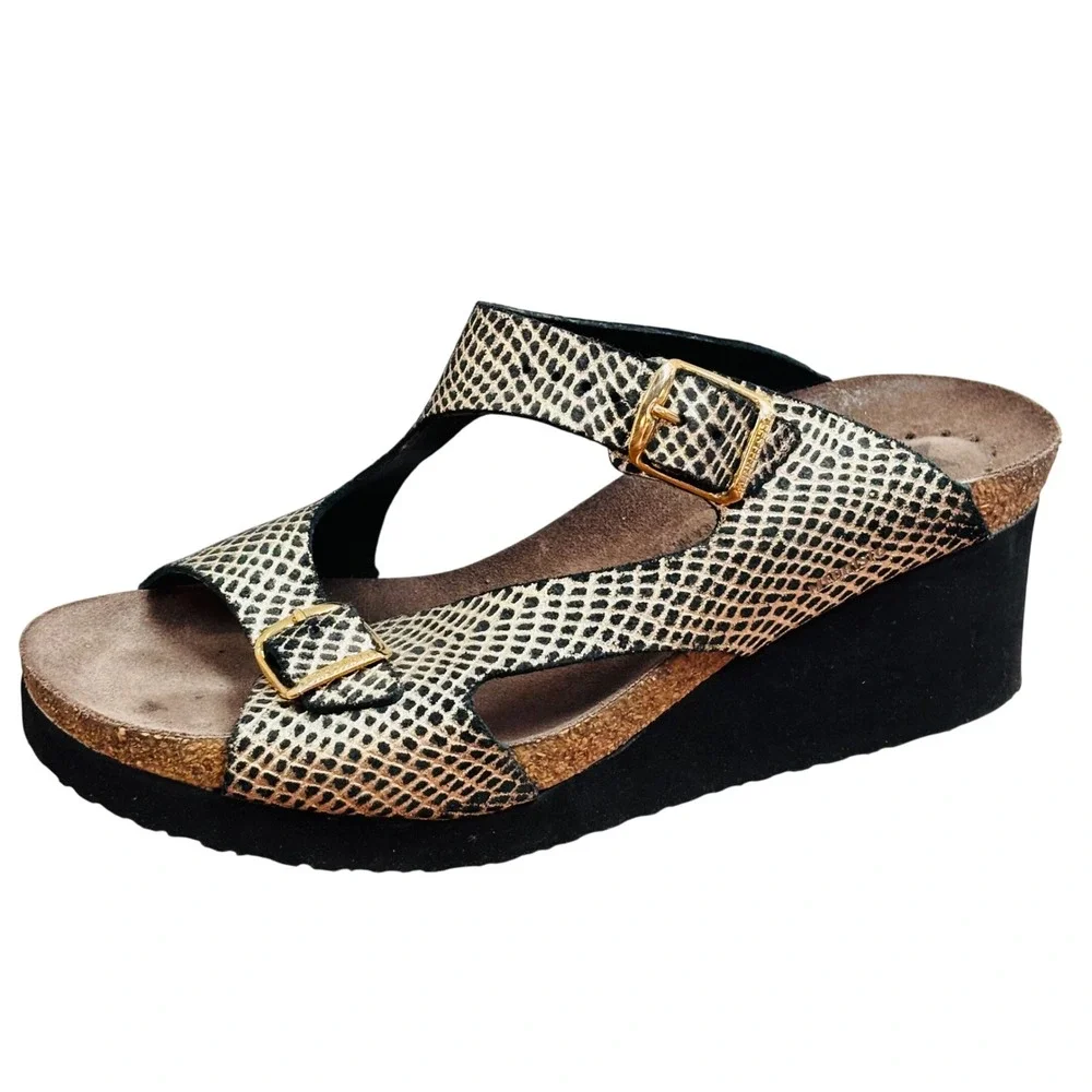 Mephisto Women Black Gold Snakeskin Leather Wedge Sandals Cork Footbed Size 39